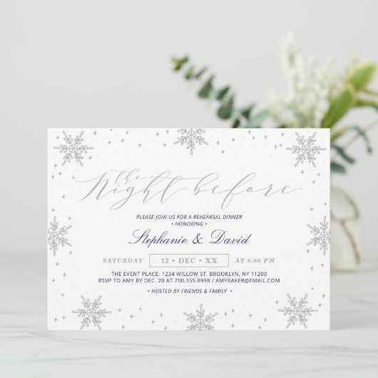 Zilver & Navy Winter Sneeuw Proefavond Eetfeest I Kaart (Staand voorkant)