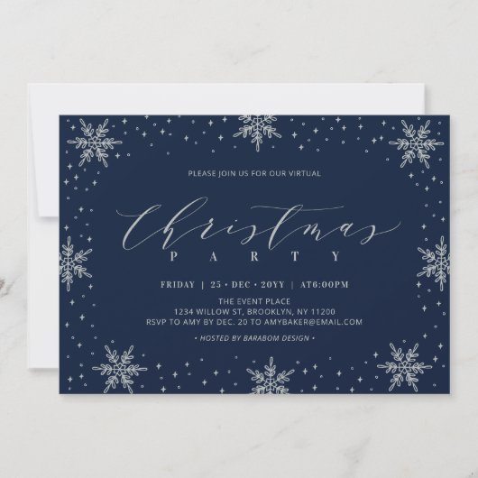 Zilver & Navy Winter Virtueel Kerstfeest Kaart (Voorkant)