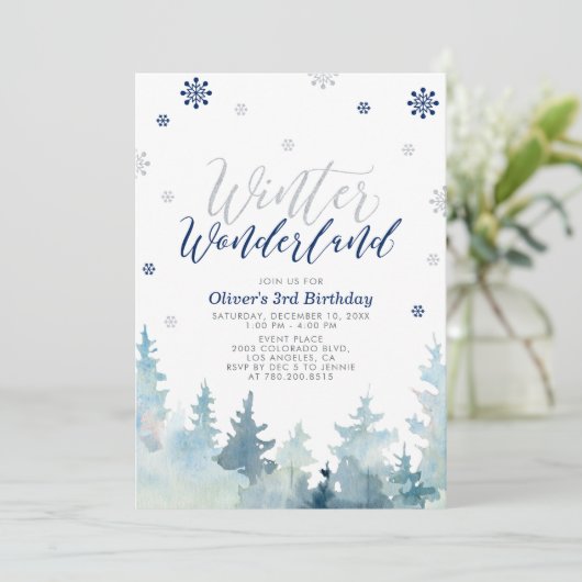 Zilver & Navy Winter Wonderland Boy Birthday Party Kaart (Staand voorkant)