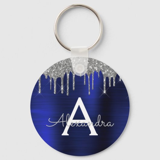 Zilver Navyblauw Glitter Roestvrijstaal Monogram Sleutelhanger (Voorkant)
