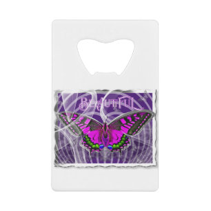 Zilver omhulde kleurrijke vlinder met wervelingen creditkaart flessenopener