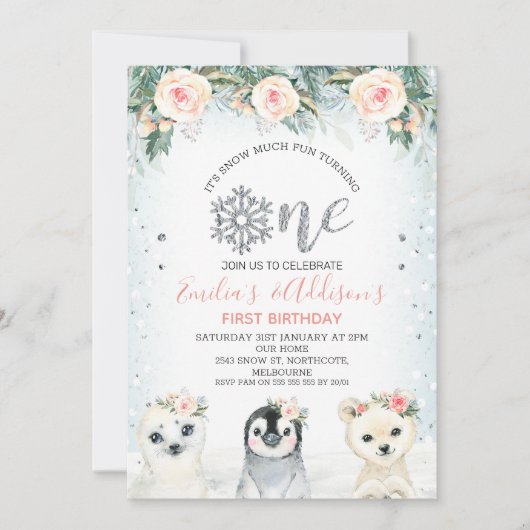 Zilver One Twins Winter Animals 1e verjaardag Kaart (Voorkant)