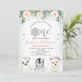 Zilver One Twins Winter Animals 1e verjaardag Kaart (Staand voorkant)