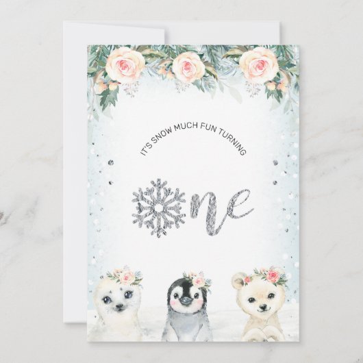 Zilver One Twins Winter Animals 1e verjaardag Kaart (Achterkant)