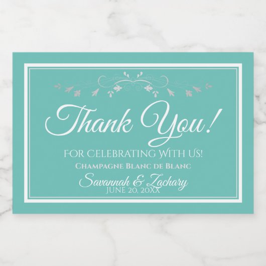 Zilver op Aqua Blauwgroen Bruiloft Dank u Mini Fle Sparkling Wijnetiket (Enkel label)