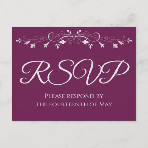 Zilver op Cassis Paars Elegant Wedding RSVP Briefkaart
