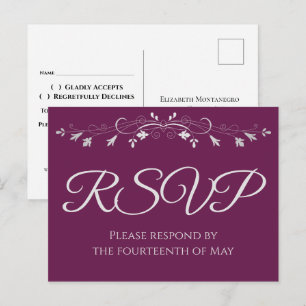 Zilver op Cassis Paars Elegant Wedding RSVP Briefkaart