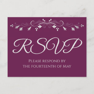 Zilver op Cassis Paars Elegant Wedding RSVP Briefkaart