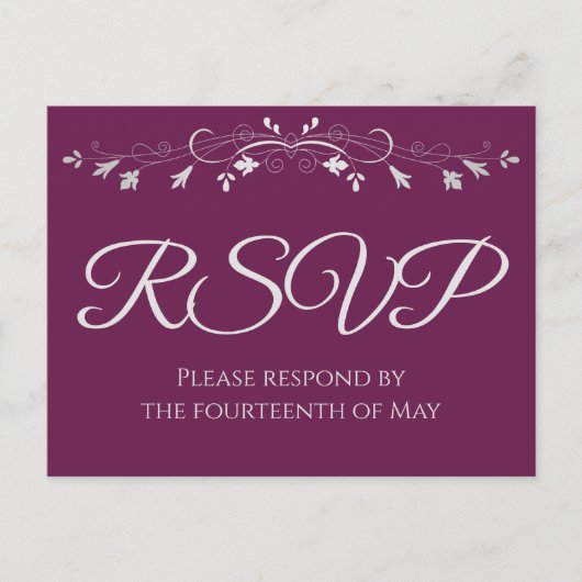 Zilver op Cassis Paars Elegant Wedding RSVP Briefkaart (Voorkant)