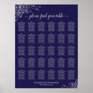 Zilver op marineblauw 30 tafel trouw zitplaatskaar poster