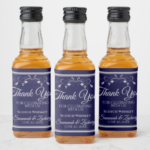 Zilver op marineblauw huwelijk Dank je Mini Likeurfles Etiket