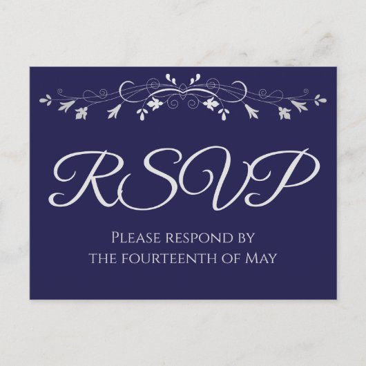 Zilver op Navy Blue Elegant Wedding RSVP Briefkaart (Voorkant)