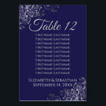 Zilver op Navy Blue Elegant Wedding Zitkaarten Kaart<br><div class="desc">Deze prachtige tafelnummerkaarten hebben een eenvoudig maar stijlvol design met bleke grijze tekst op een marineblauwe achtergrond met in de hoeken een zilverkleurige faux folie bloemenfiligraan. Elke kaart heeft ruimte voor de namen van 10 gasten, zodat ze ook fungeren als een zitschema waardoor het gemakkelijk is voor mensen om hun...</div>