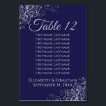 Zilver op Navy Blue Elegant Wedding Zitkaarten Kaart<br><div class="desc">Deze prachtige tafelnummerkaarten hebben een eenvoudig maar stijlvol design met bleke grijze tekst op een marineblauwe achtergrond met in de hoeken een zilverkleurige faux folie bloemenfiligraan. Elke kaart heeft ruimte voor de namen van 10 gasten, zodat ze ook fungeren als een zitschema waardoor het gemakkelijk is voor mensen om hun...</div>