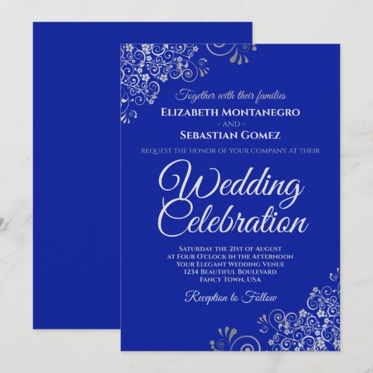 Zilver op Royal Blue Simple Elegant Wedding Kaart (Voorkant / Achterkant)