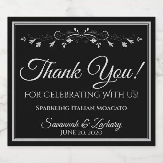 Zilver op Zwarte Bruiloft Mousserende Wijnfles dan Sparkling Wijnetiket (Enkel label)