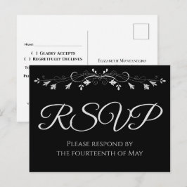 Zilver op Zwarte Elegante Trouw RSVP Postkaart