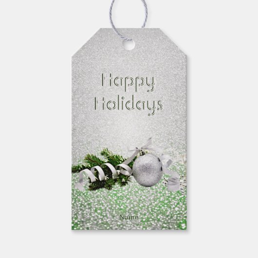 Zilver Ornament Wit Lint Kerst Cadeaulabel (Voorkant)