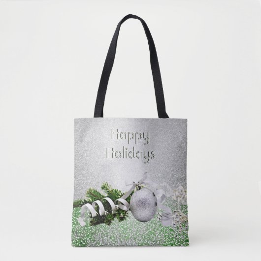 Zilver Ornament Wit Lint Kerst Canvas tas (Voorkant)