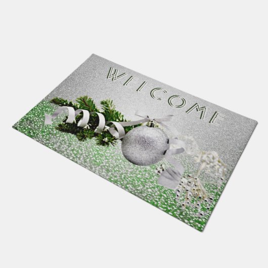 Zilver Ornament Wit Lint Kerst Deurmat (Schuin)