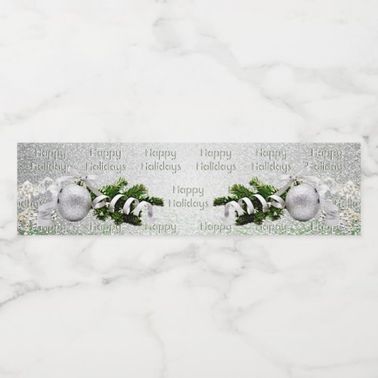 Zilver Ornament Wit Lint Kerst Waterfles Etiket (Enkel label)