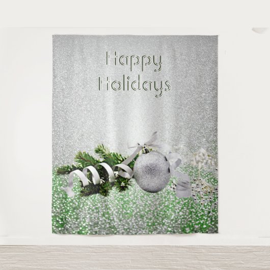 Zilver Ornament Wit Lint Kerstmis Achtergrond Wandkleed (Voorkant)