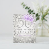 Zilver Paars 50e verjaardag glam licht Save The Date (Staand voorkant)