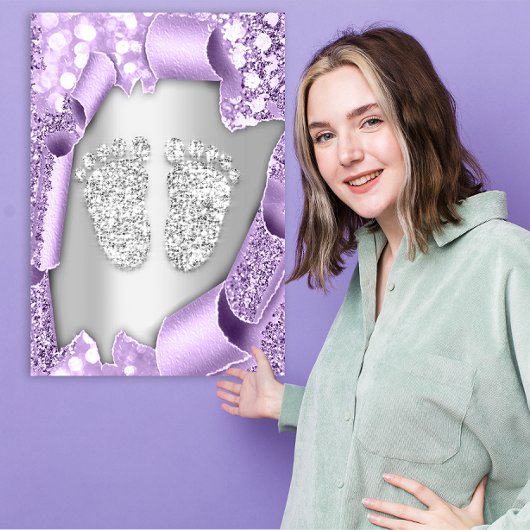 Zilver Paars Baby shower Feet Boy 3d effect Kaart