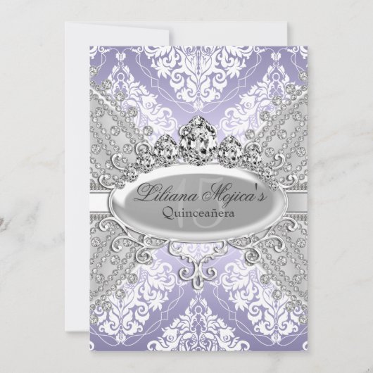Zilver Paars Damask & Tiara Quinceanera Kaart (Voorkant)