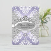 Zilver Paars Damask & Tiara Quinceanera Kaart (Staand voorkant)