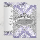 Zilver Paars Damask & Tiara Quinceanera Kaart (Voorkant / Achterkant)
