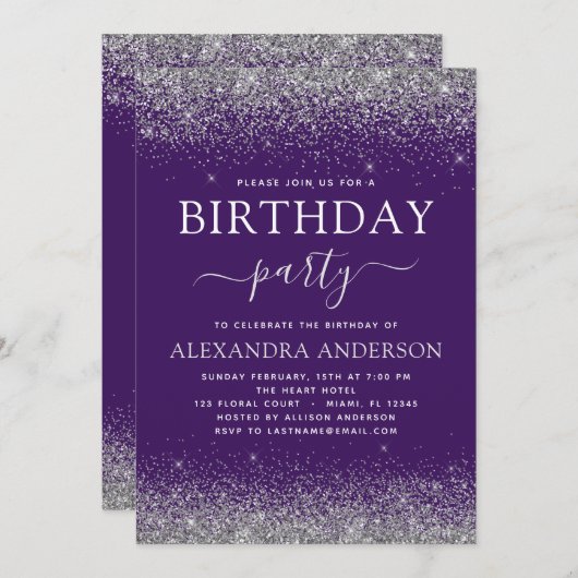 Zilver Paars elke leeftijd Modern Glitter Kaart (Voorkant / Achterkant)