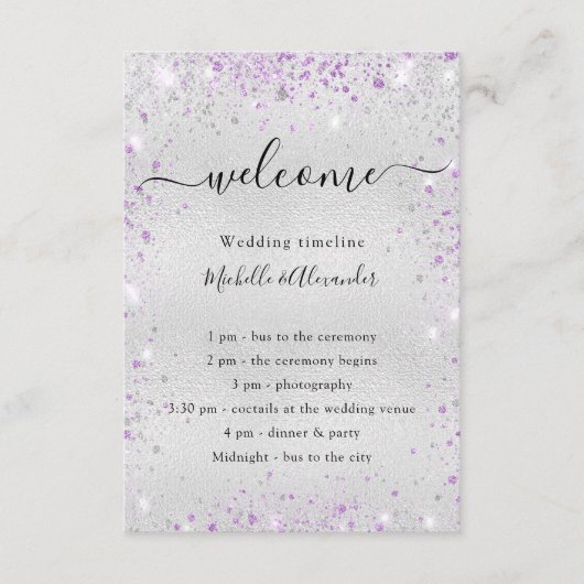 Zilver paars glitter trouwprogramma informatiekaartje (Voorkant)