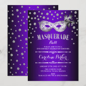 Zilver Paars Maskerade Bal Verjaardagsfeest Kaart (Voorkant / Achterkant)
