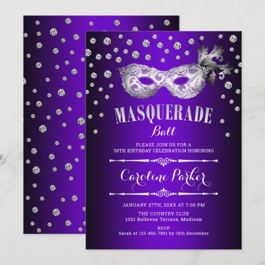 Zilver Paars Maskerade Bal Verjaardagsfeest Kaart (Voorkant / Achterkant)