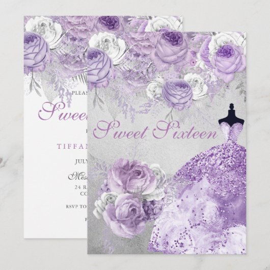 Zilver Paars Roos Glitter Gown Sweet 16 Invite Kaart (Voorkant / Achterkant)