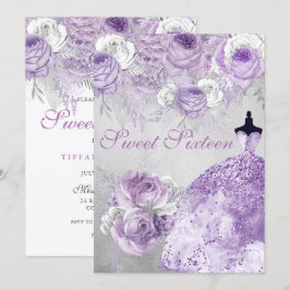 Zilver Paars Roos Glitter Gown Sweet 16 Invite Kaart