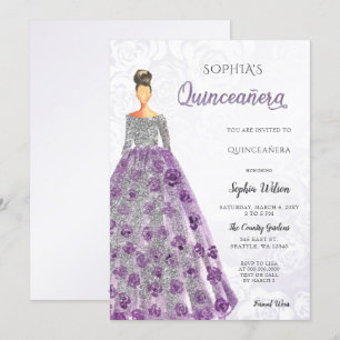 Zilver Paars Sparkle Dress Quinceanera Kaart