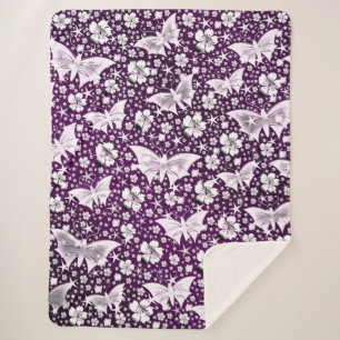 zilver, paars, vlinders, bloemen, bloemen, bloem,  sherpa deken