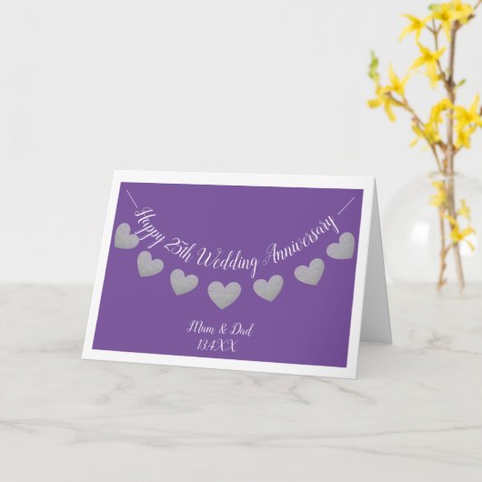 Zilver & paarse 25e trouwdag mam & pap kaart (Gele Bloem)