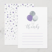 Zilver & Paarse ballonpartij Dank u Nota Kaart (Voorkant / Achterkant)