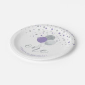 Zilver Paarse Confetti Balloons 1e verjaardag Papieren Bordje (Gekanteld)