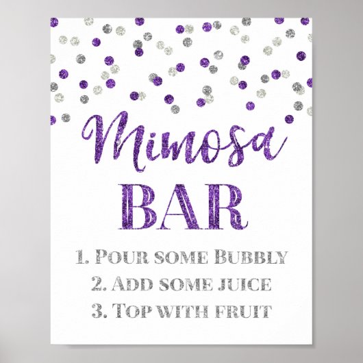 Zilver Paarse Confetti Mimosa Bar Weddenschap Poster (Voorkant)