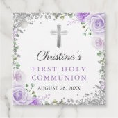 Zilver Paarse Floral 1e Heilige Communie Dank u Bedankjes Labels (Voorkant)