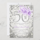 Zilver Paarse Floral 50th Birthday Glam Lights Kaart (Voorkant)