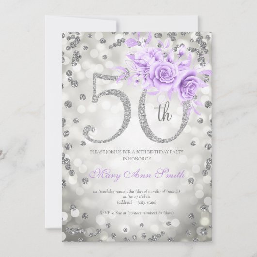 Zilver Paarse Floral 50th Birthday Glam Lights Kaart (Voorkant)