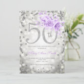 Zilver Paarse Floral 50th Birthday Glam Lights Kaart (Staand voorkant)