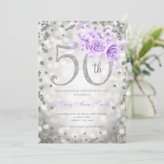 Zilver Paarse Floral 50th Birthday Glam Lights Kaart (Staand voorkant)