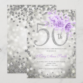 Zilver Paarse Floral 50th Birthday Glam Lights Kaart