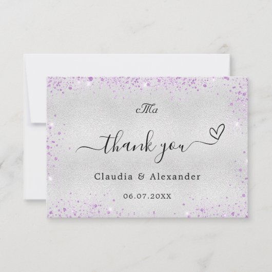 Zilver paarse foto-elegant bruiloft bedankkaart (Voorkant)